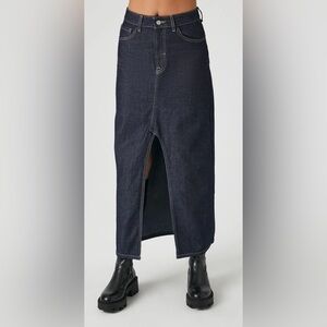 NWT Forever 21 Blue Denim Maxi Slit Skirt Pockets Western Casual Fall Med